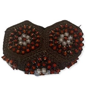 BeadedClutch Crochet Brown Bag Knit Zip Top Hand Wallet Handbag Wristlet Purse